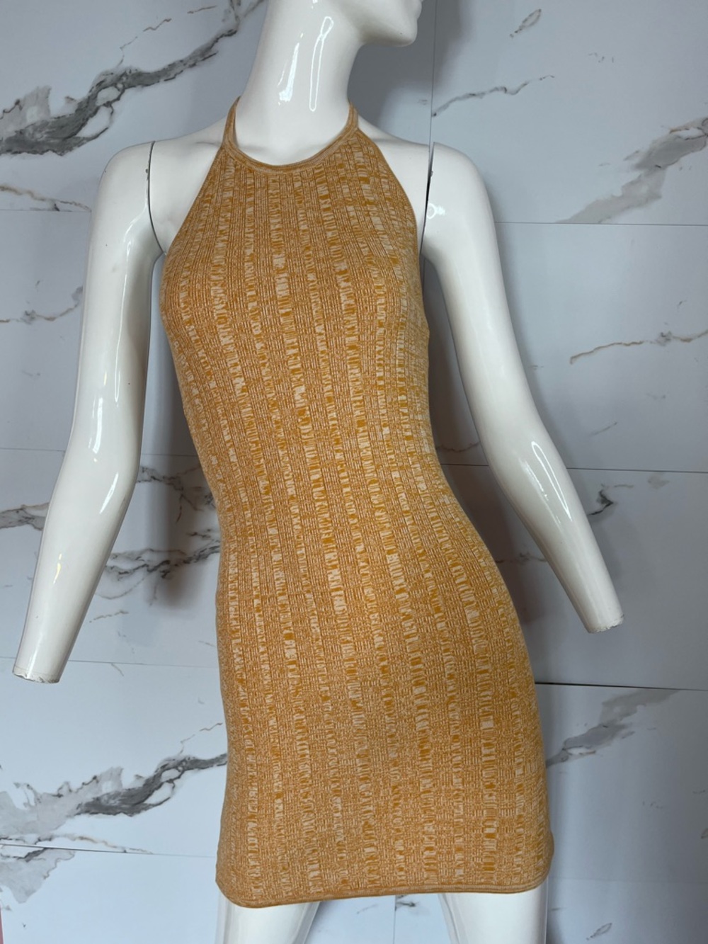 NWT ASTR Halter Knit Ribbed Bodycon Stretch Mini Dress Mustard Yellow Size S